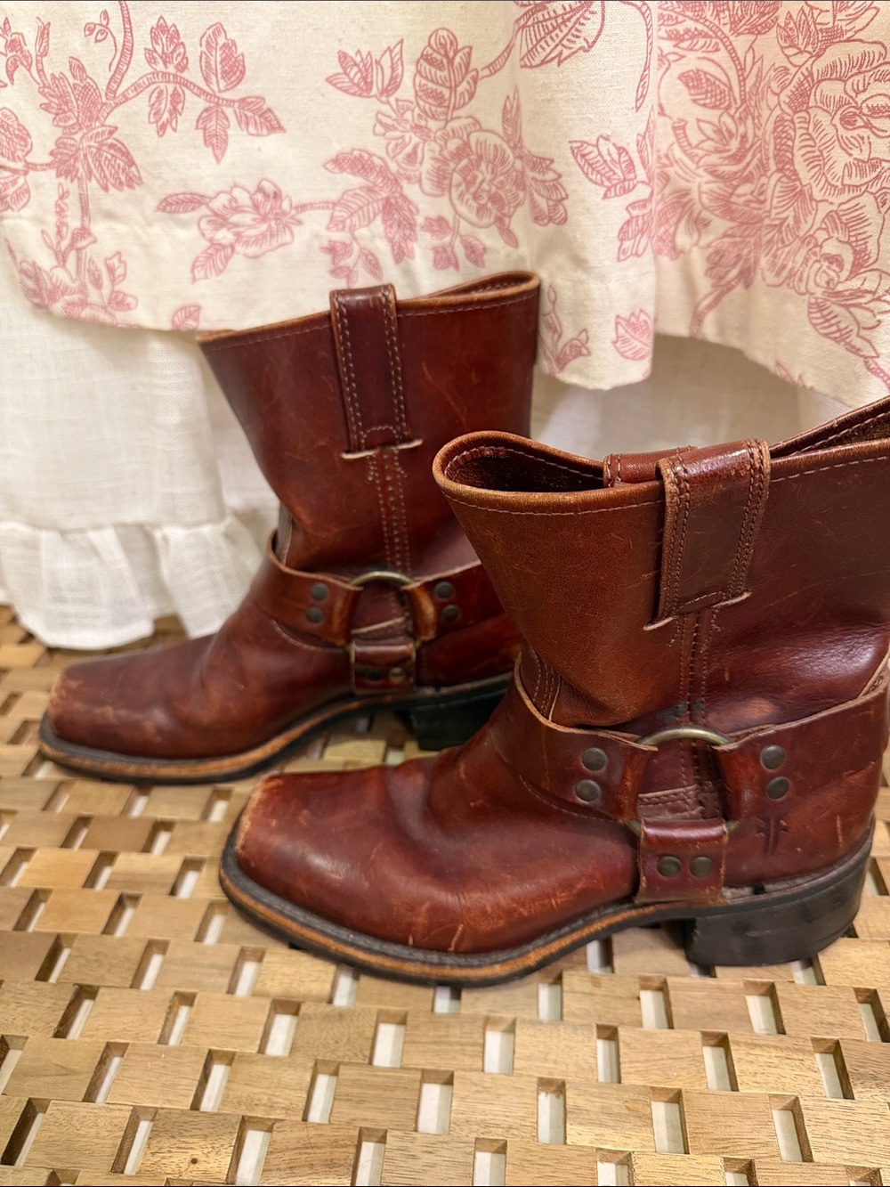 Frye Chestnut Brown Leather Harness Ankle Boots